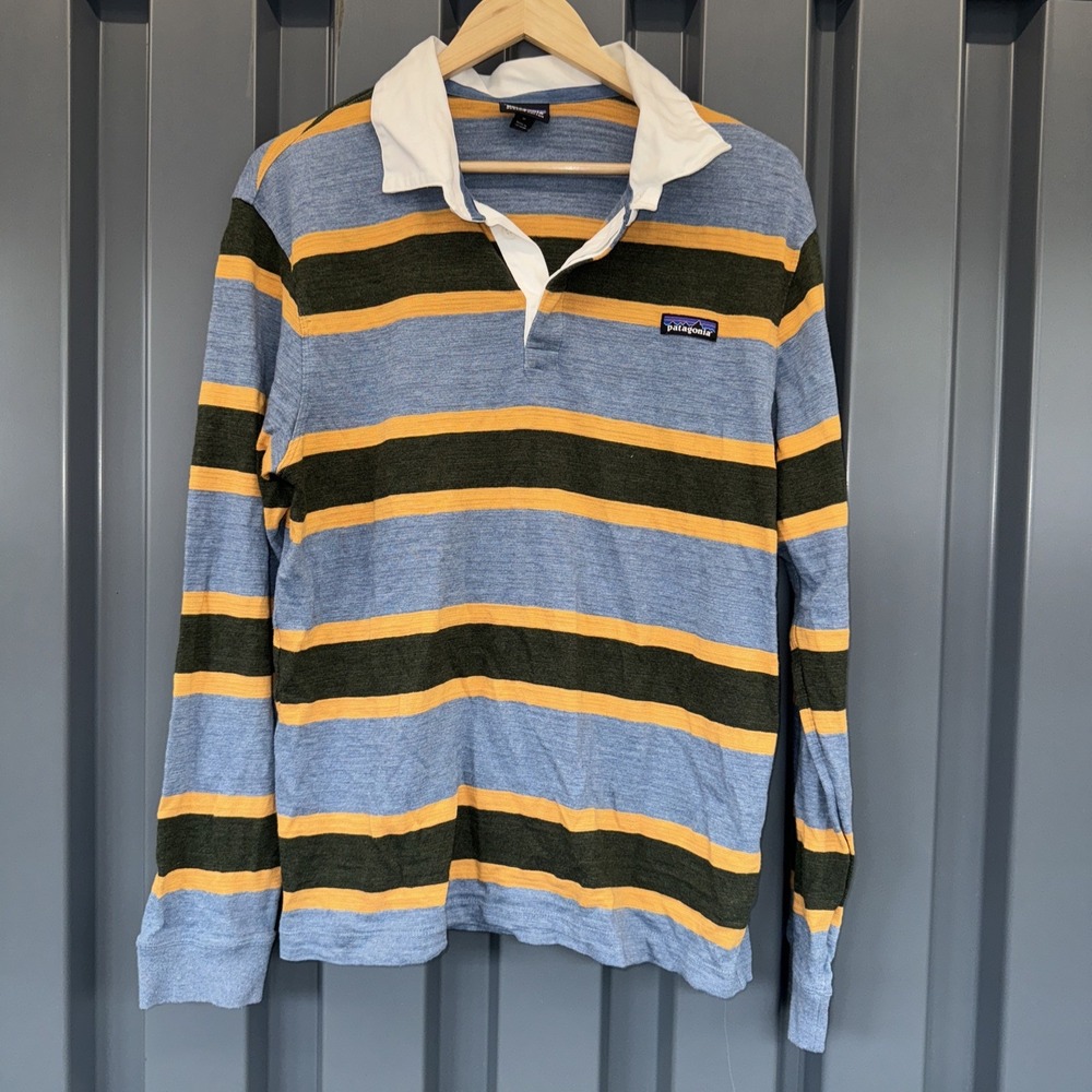 Patagonia Rugby Shirt Mens Medium Blue Stripe Organic Cotton Preppy Outdoor Golf